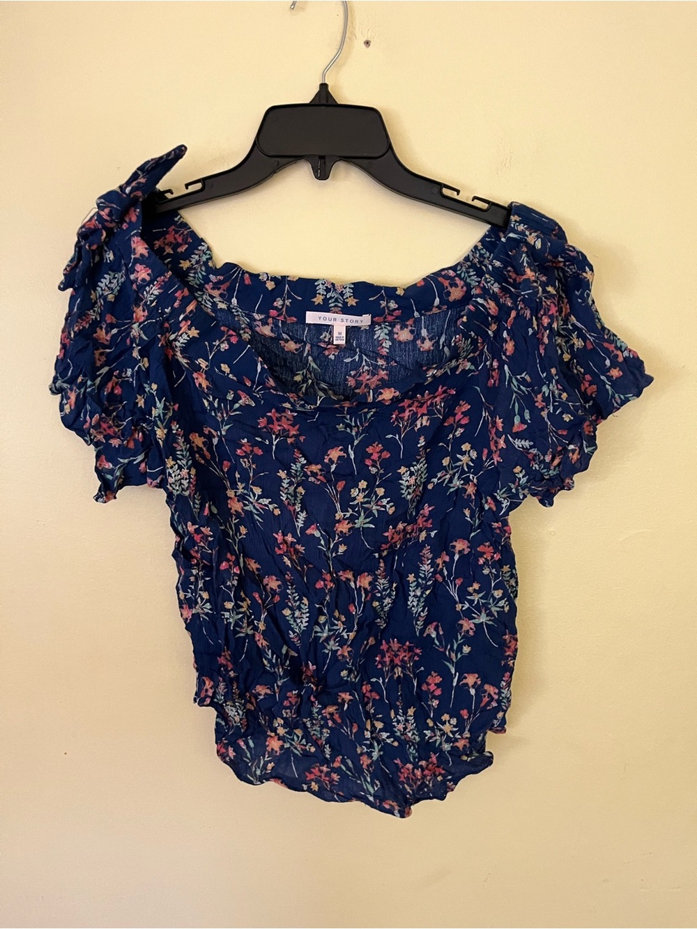 Your Story Navy Floral Off-Shoulder Blouse with Floral Accent Size Medium